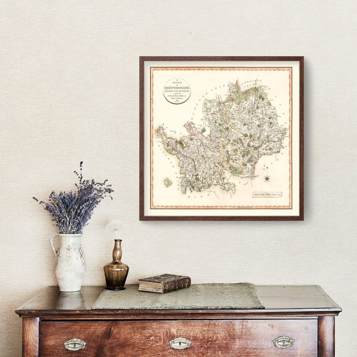 Vintage Map of Hertfordshire County, England, 1801