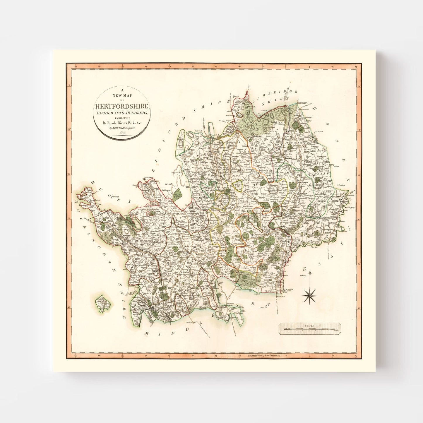 Vintage Map of Hertfordshire County, England, 1801
