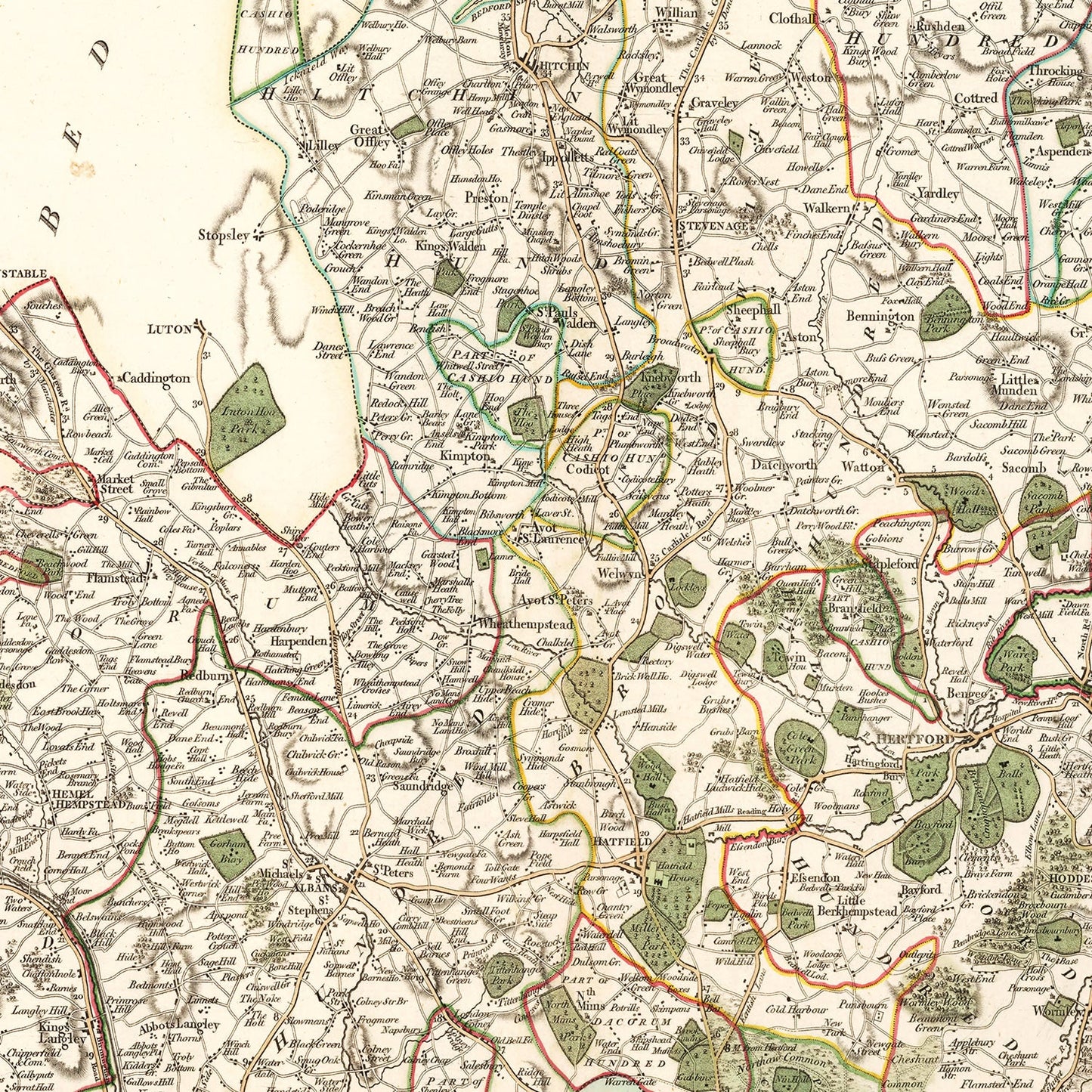 Vintage Map of Hertfordshire County, England, 1801