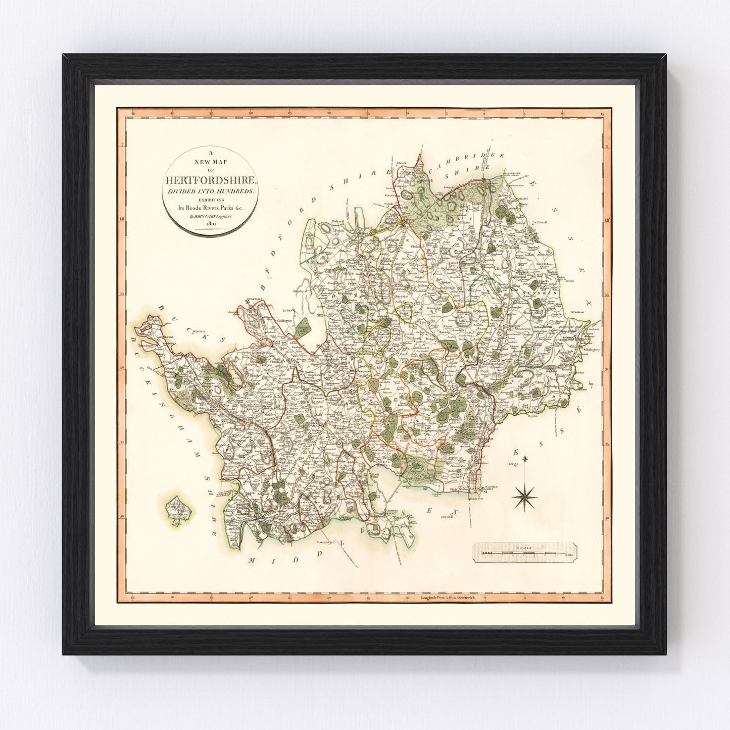 vintage map of Hertfordshire County, England, 1801