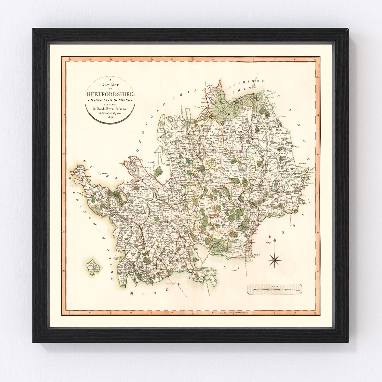 vintage map of Hertfordshire County, England, 1801
