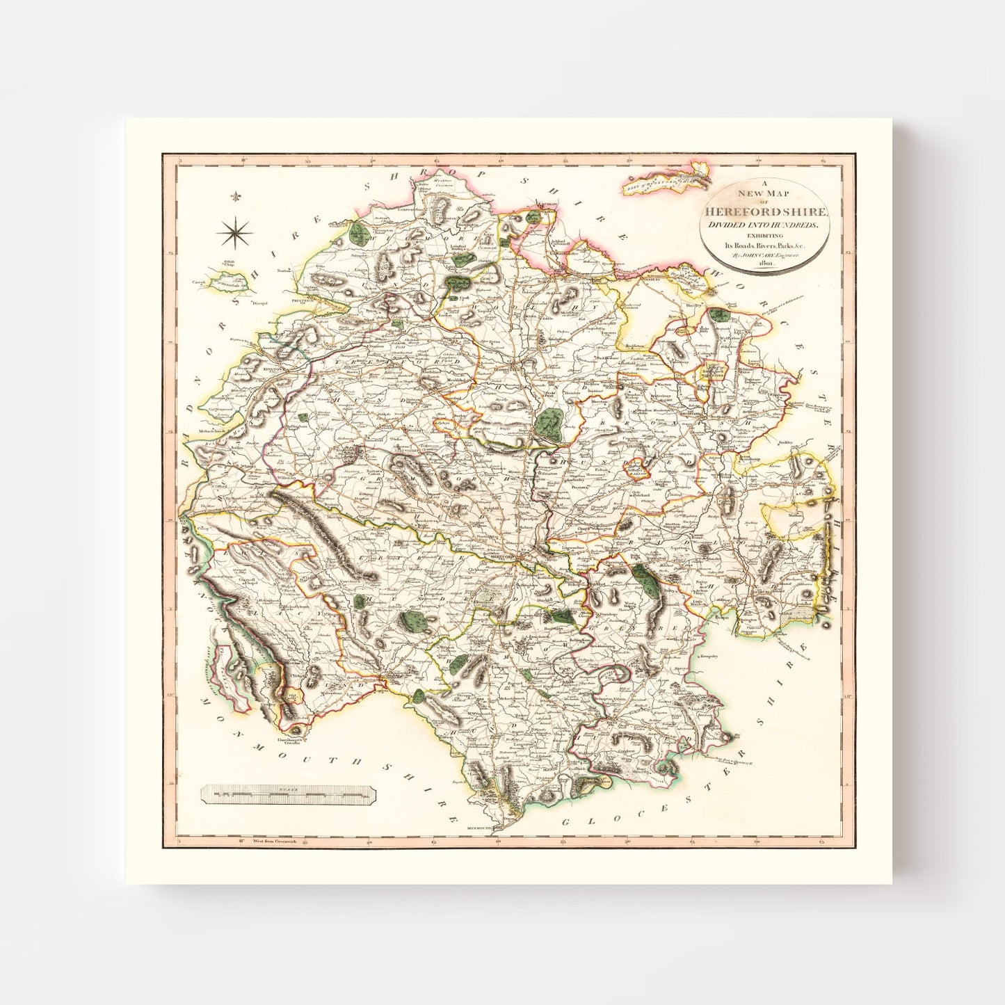 Vintage Map of Herefordshire, England, 1801