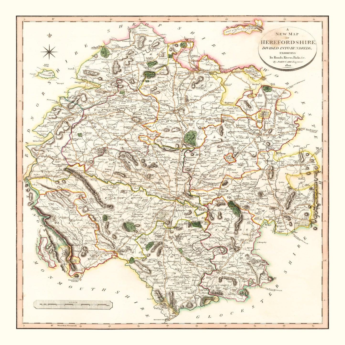 Vintage Map of Herefordshire, England, 1801