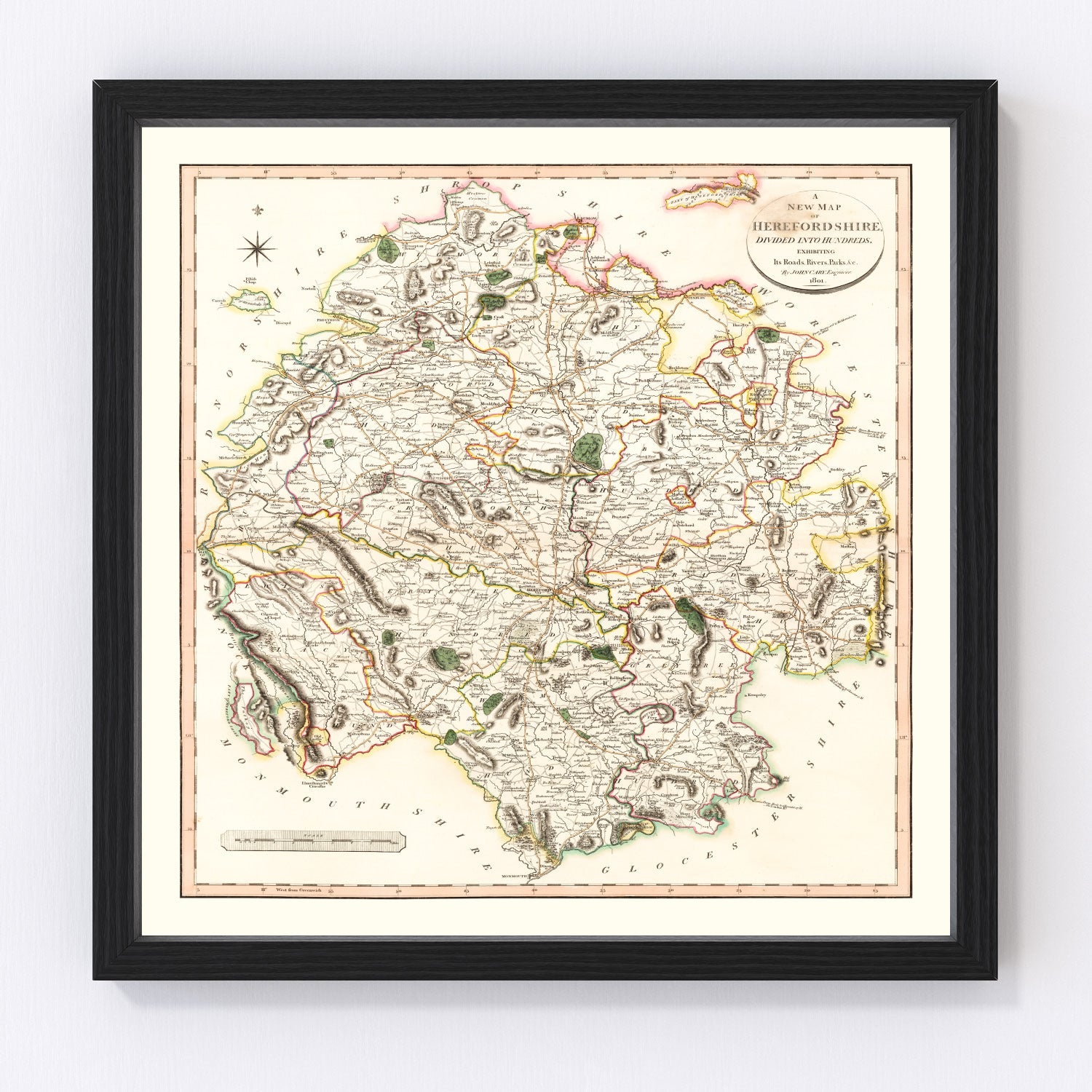 Vintage map of Herefordshire, England, 1801