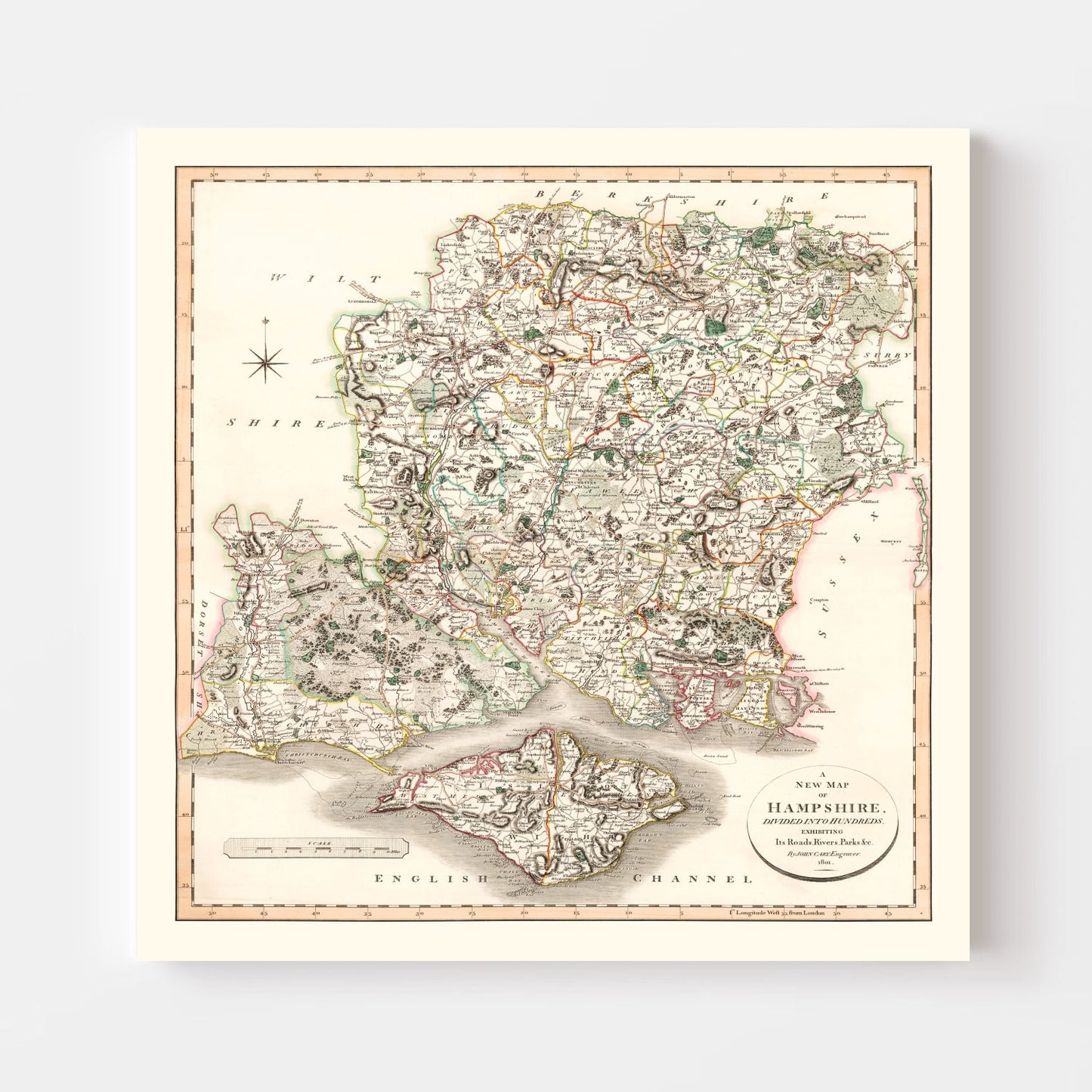 Vintage Map of Hampshire County, England, 1801