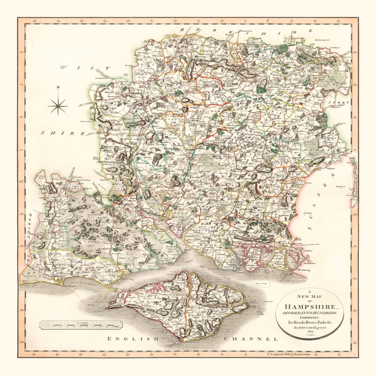 Vintage Map of Hampshire County, England, 1801