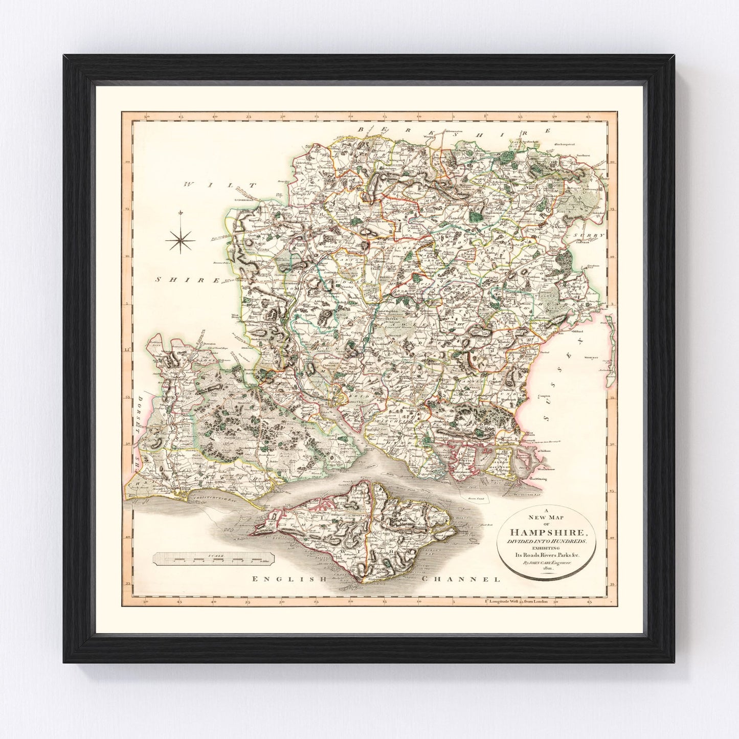 vintage map of Hampshire County, England, 1801