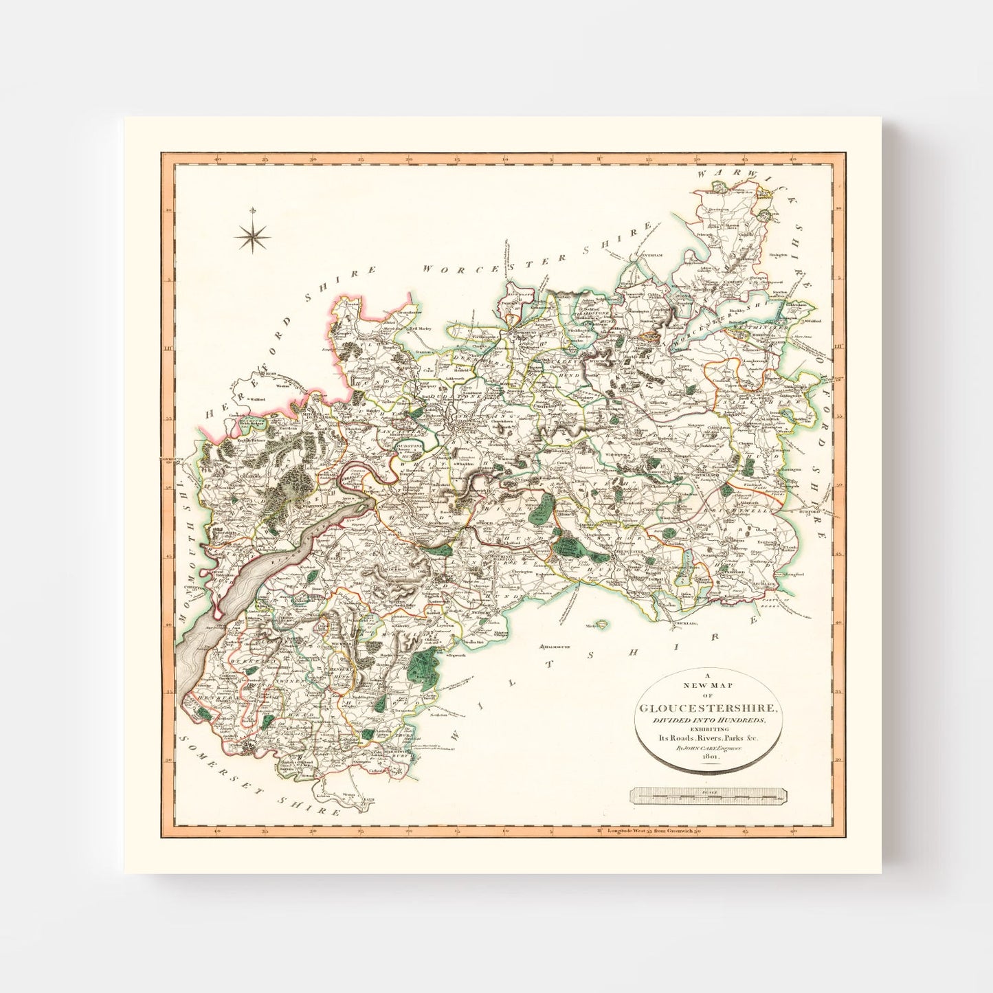 Vintage Map of Gloucestershire, England, 1801