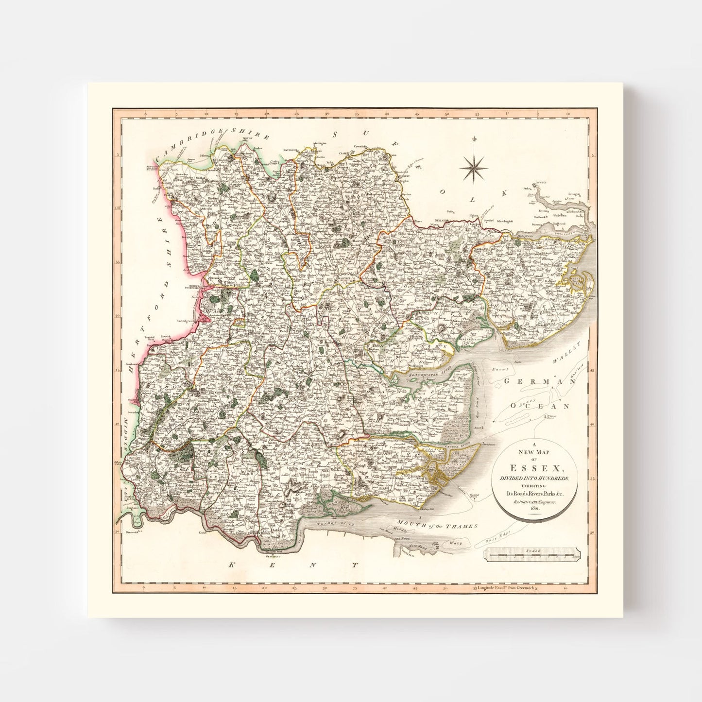 Vintage Map of Essex County, England, 1801