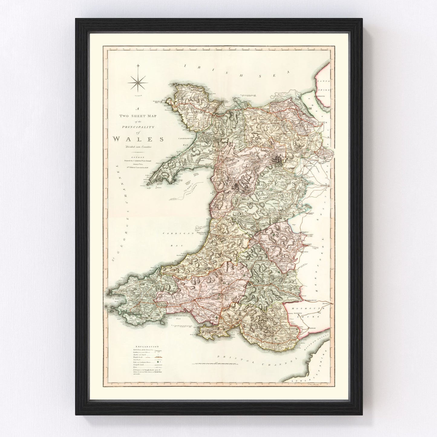 Vintage map of Wales, 1809, restored wall art print