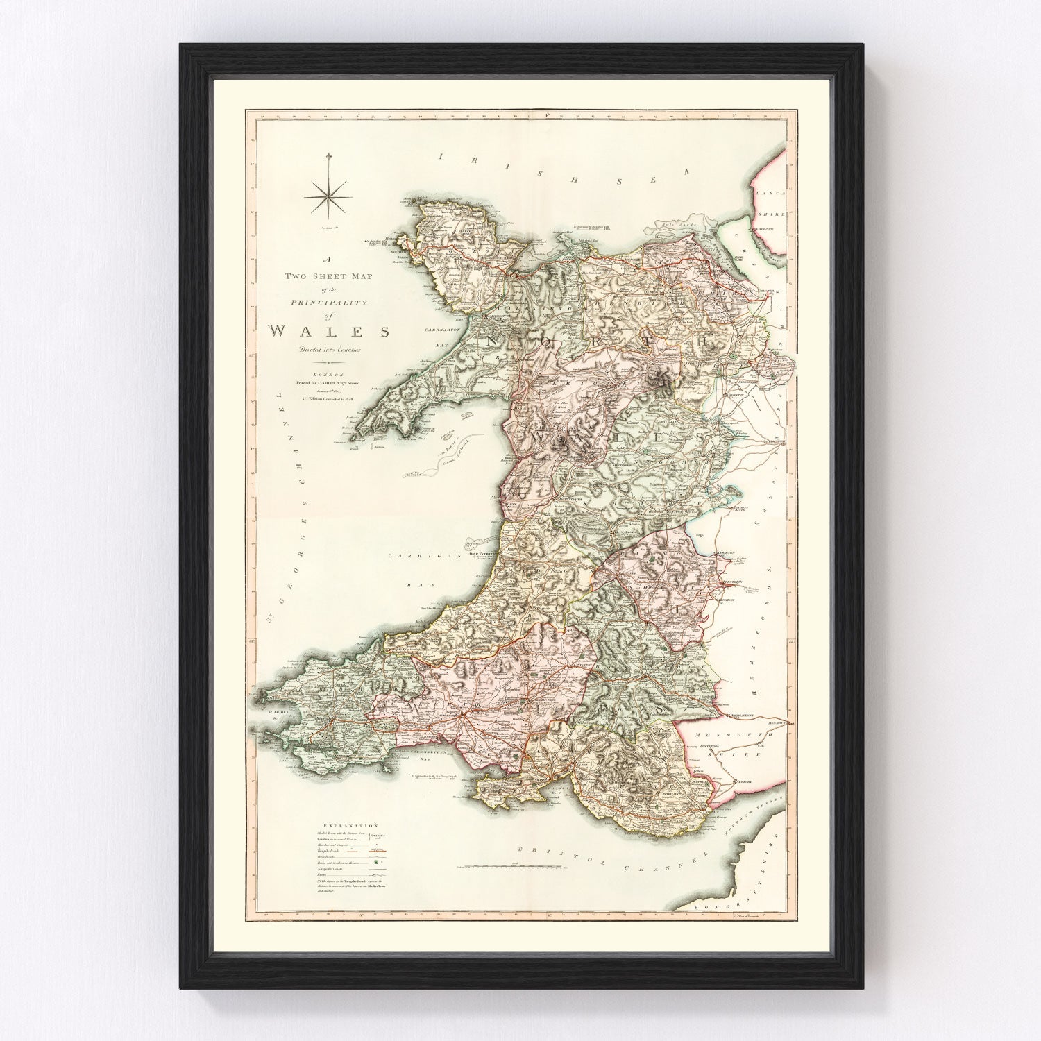 Vintage map of Wales, 1809, restored wall art print
