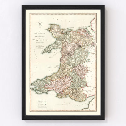 Vintage map of Wales, 1809, restored wall art print