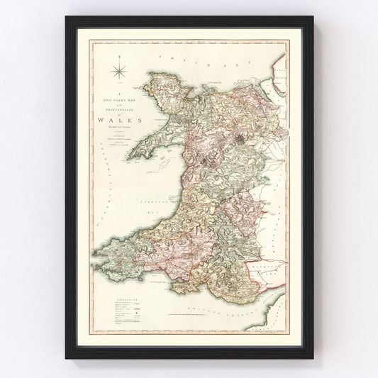 Vintage map of Wales, 1809, restored wall art print