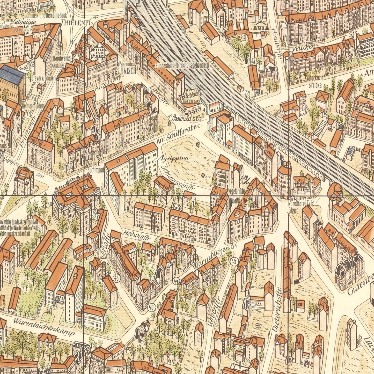 Vintage Map of Hanover, Germany, 1955