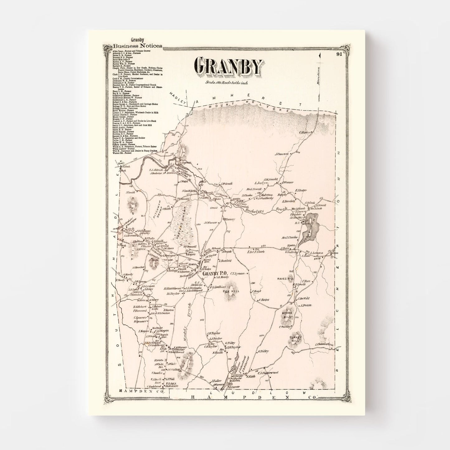 Vintage Map of Granby, Massachusetts, 1873