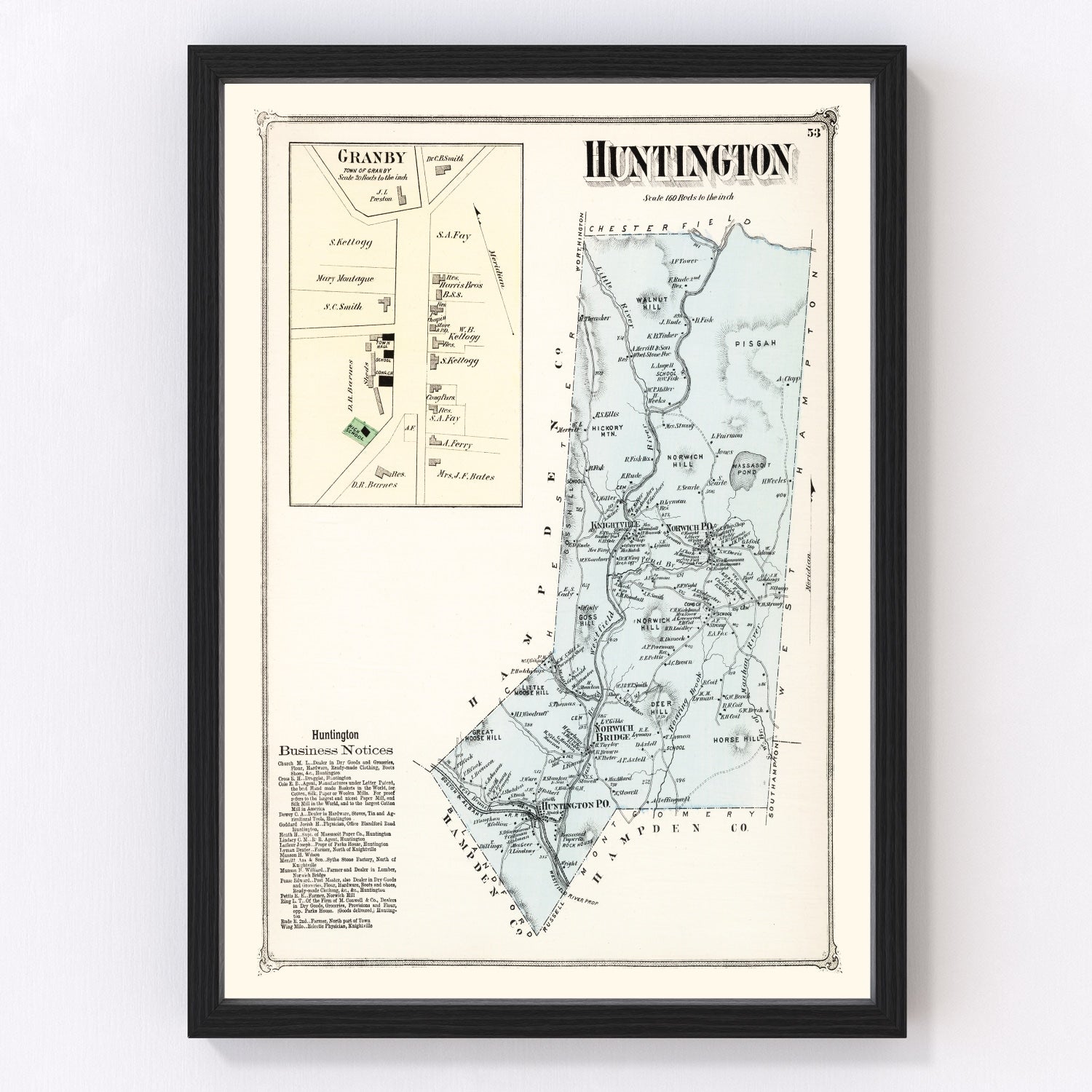 Vintage map of Huntington, Massachusetts, 1873