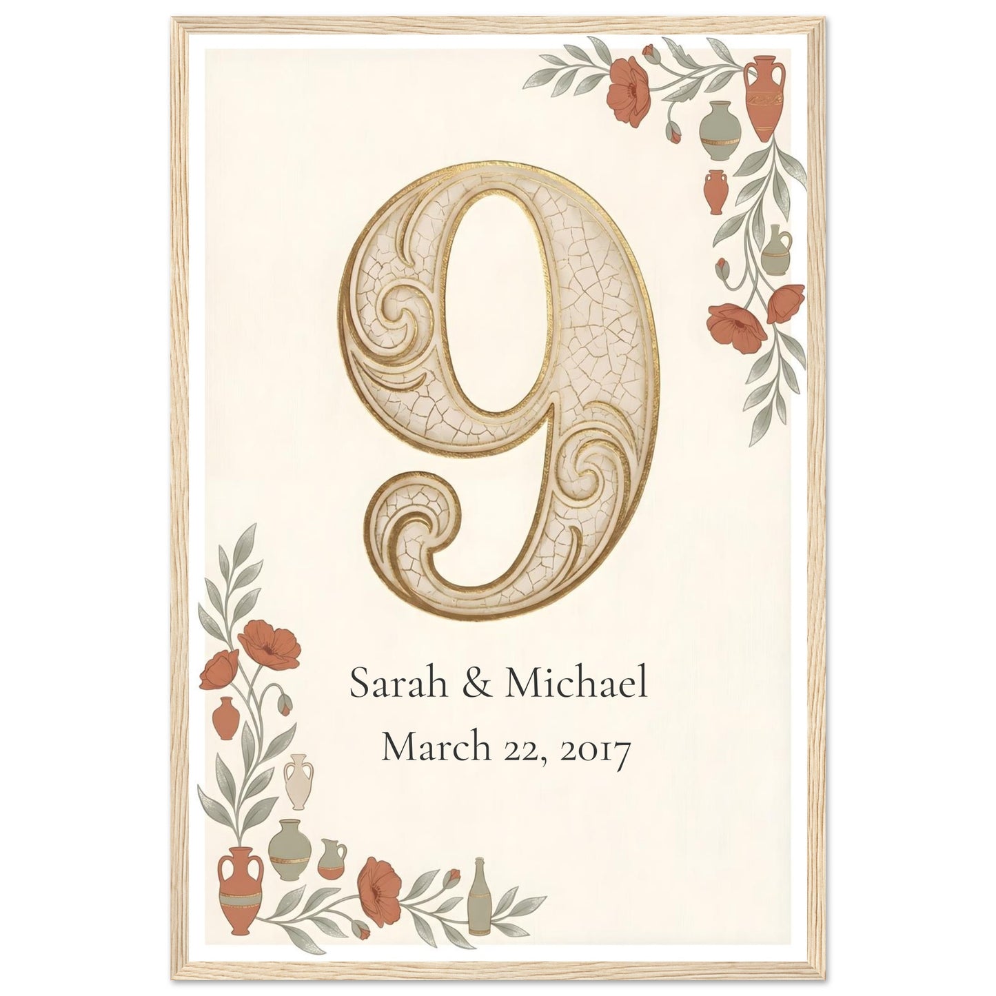 Personalized 9th Anniversary Wall Art - 40x60 cm / 16x24″ - Wood frame / Ready-to-hang - Sparkycare