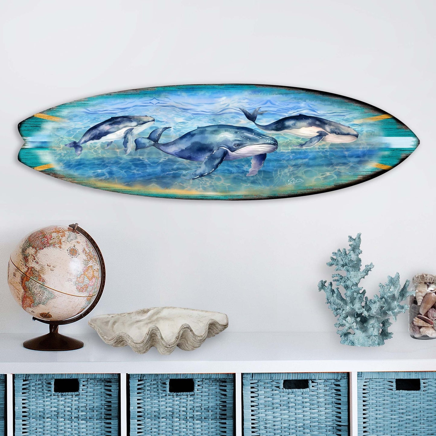 Whale Surfboard Wood Wall Art - Coastal Ocean Decor