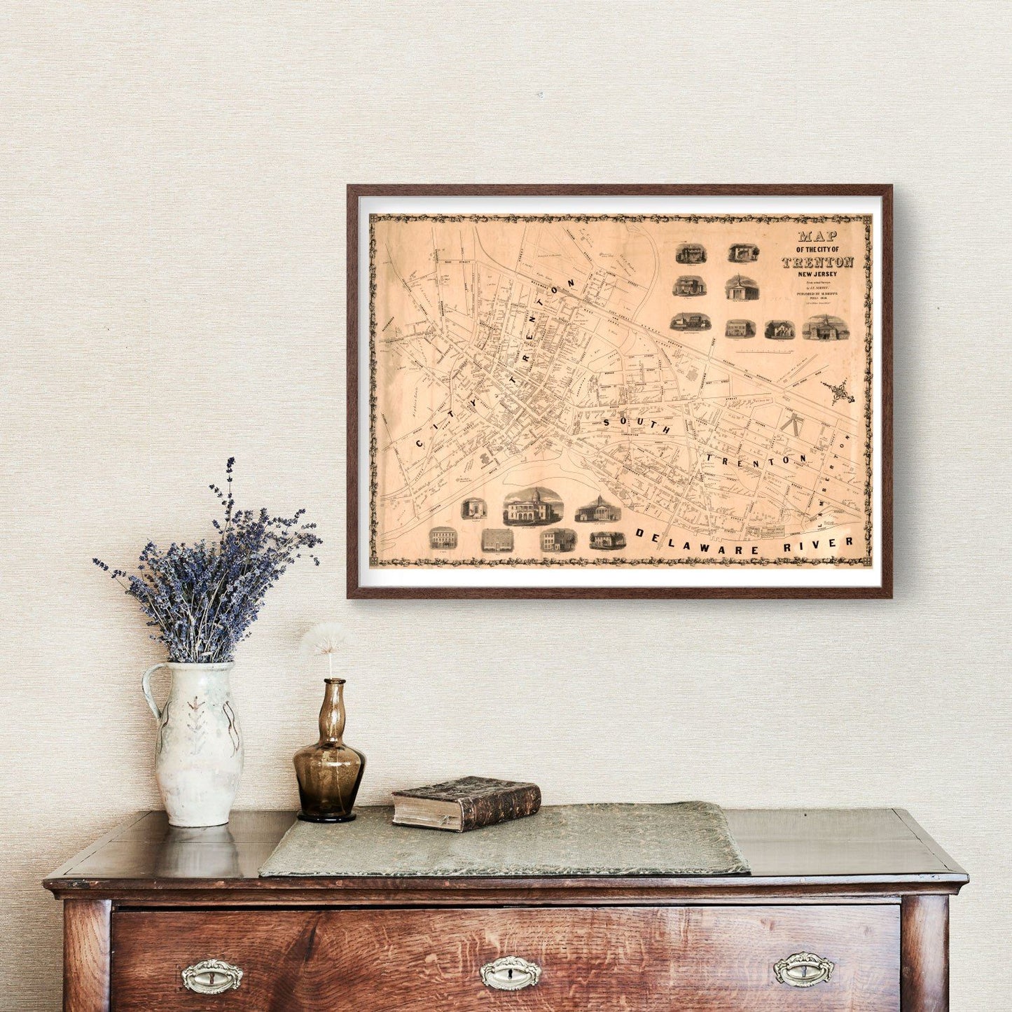 Vintage Map of Trenton, New Jersey, 1849
