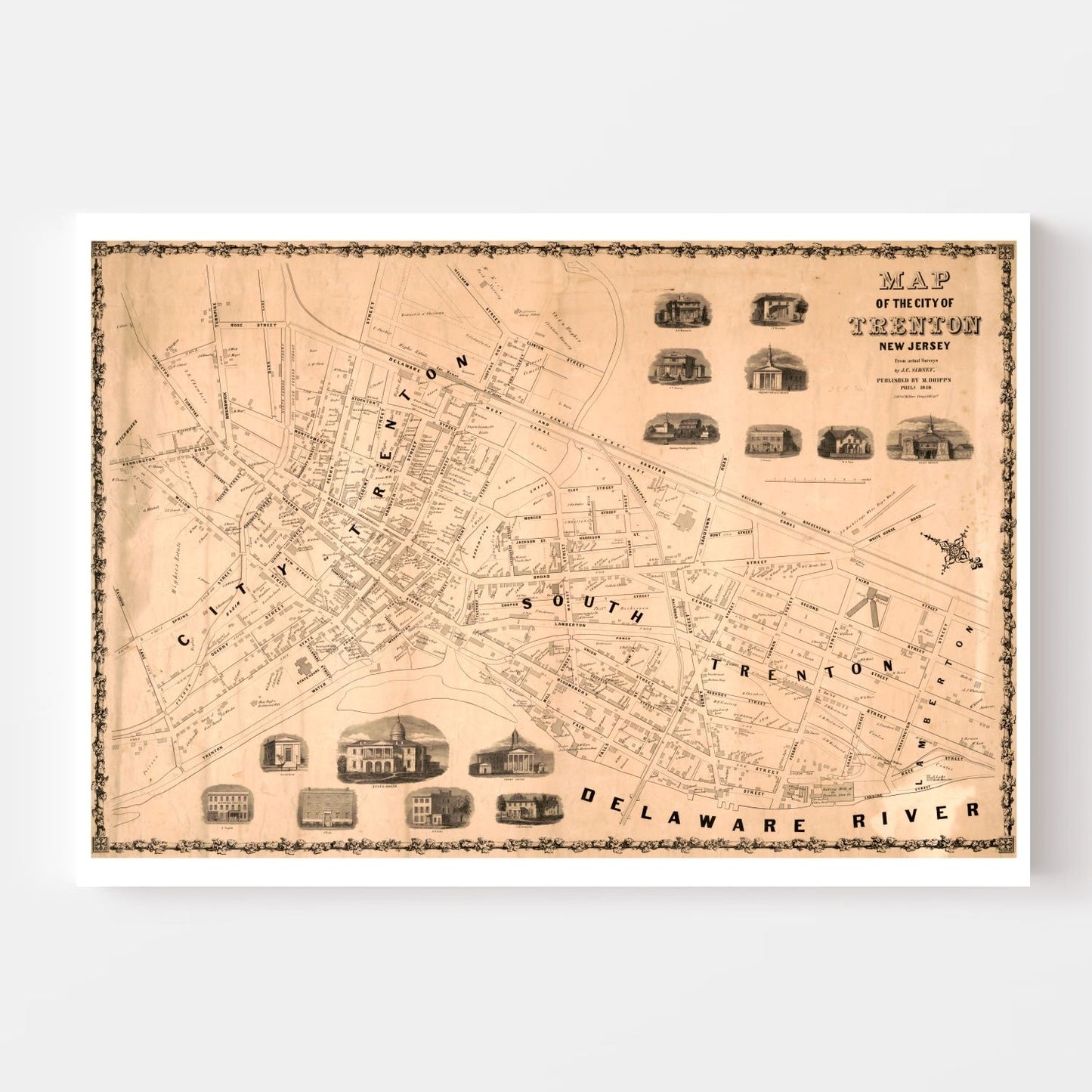 Vintage Map of Trenton, New Jersey, 1849