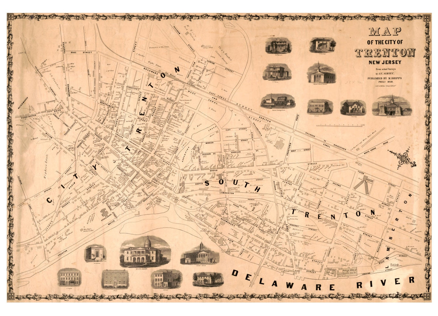 Vintage Map of Trenton, New Jersey, 1849