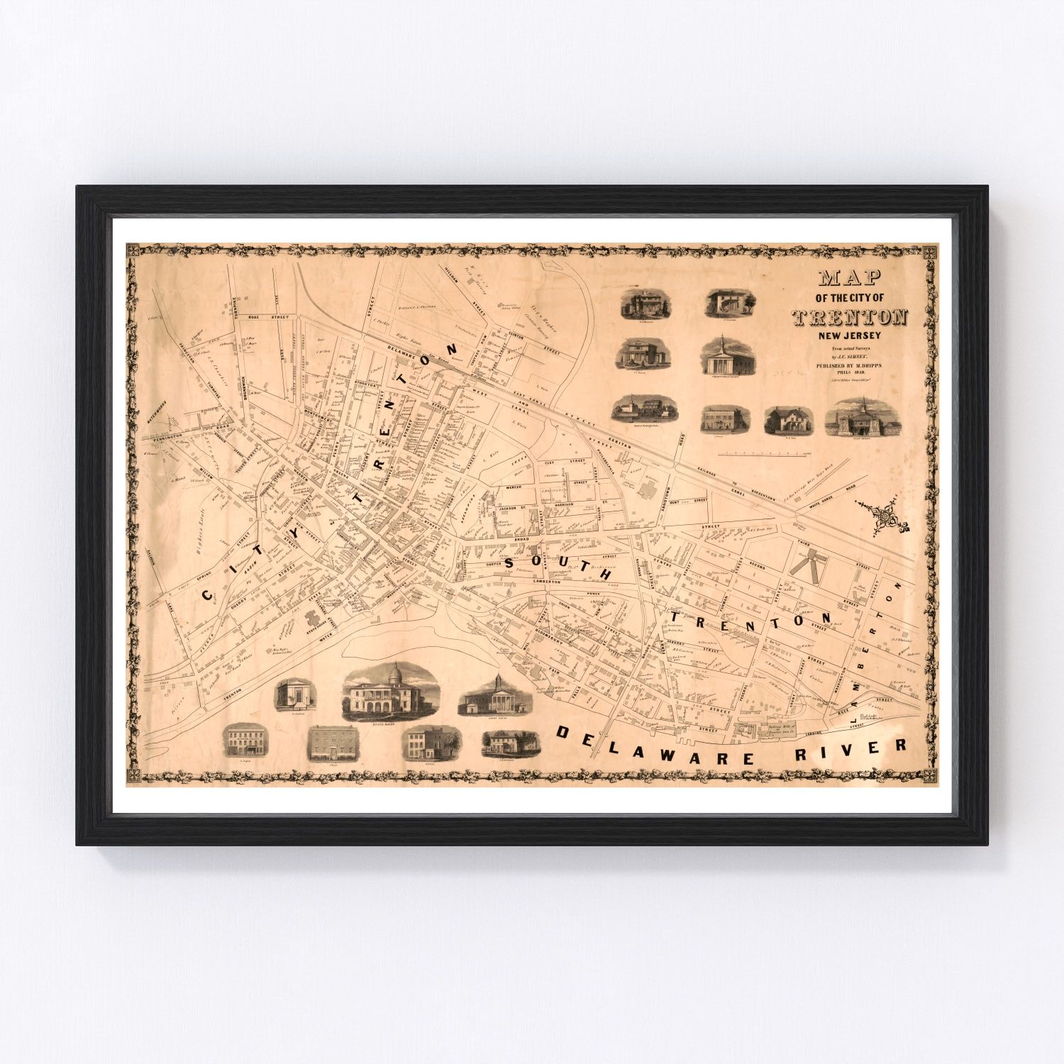 vintage map of Trenton, New Jersey, 1849