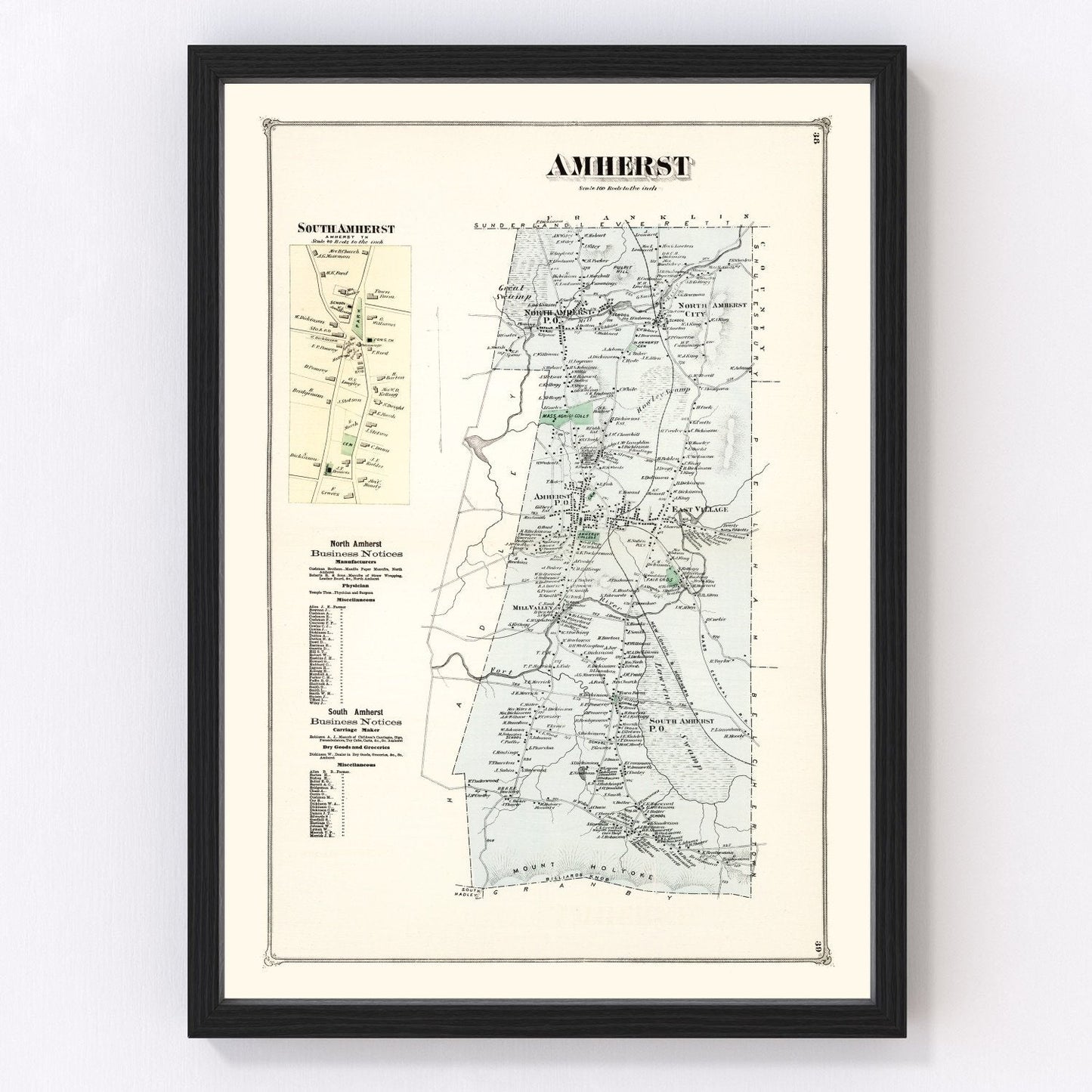 Restored vintage map of Amherst, Massachusetts, 1873