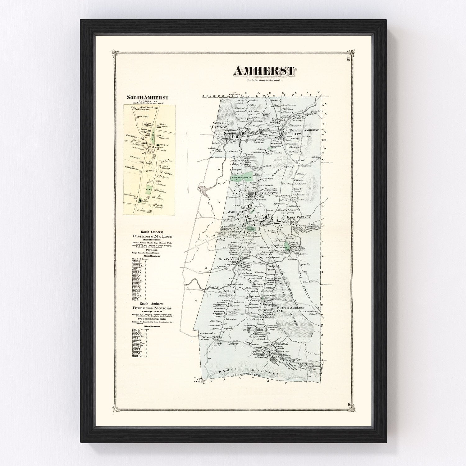 Restored vintage map of Amherst, Massachusetts, 1873