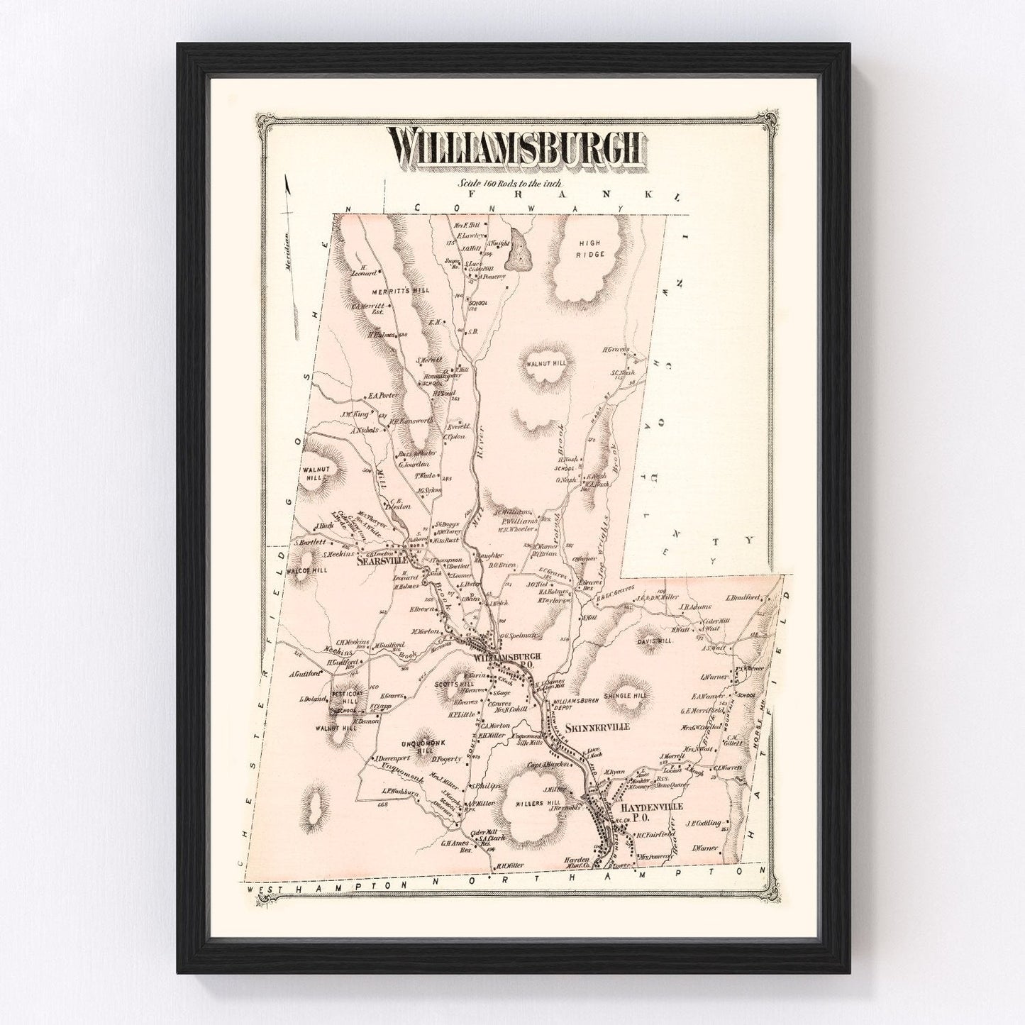 Vintage map of Williamsburg, Massachusetts, 1873 - Hampshire County restored print