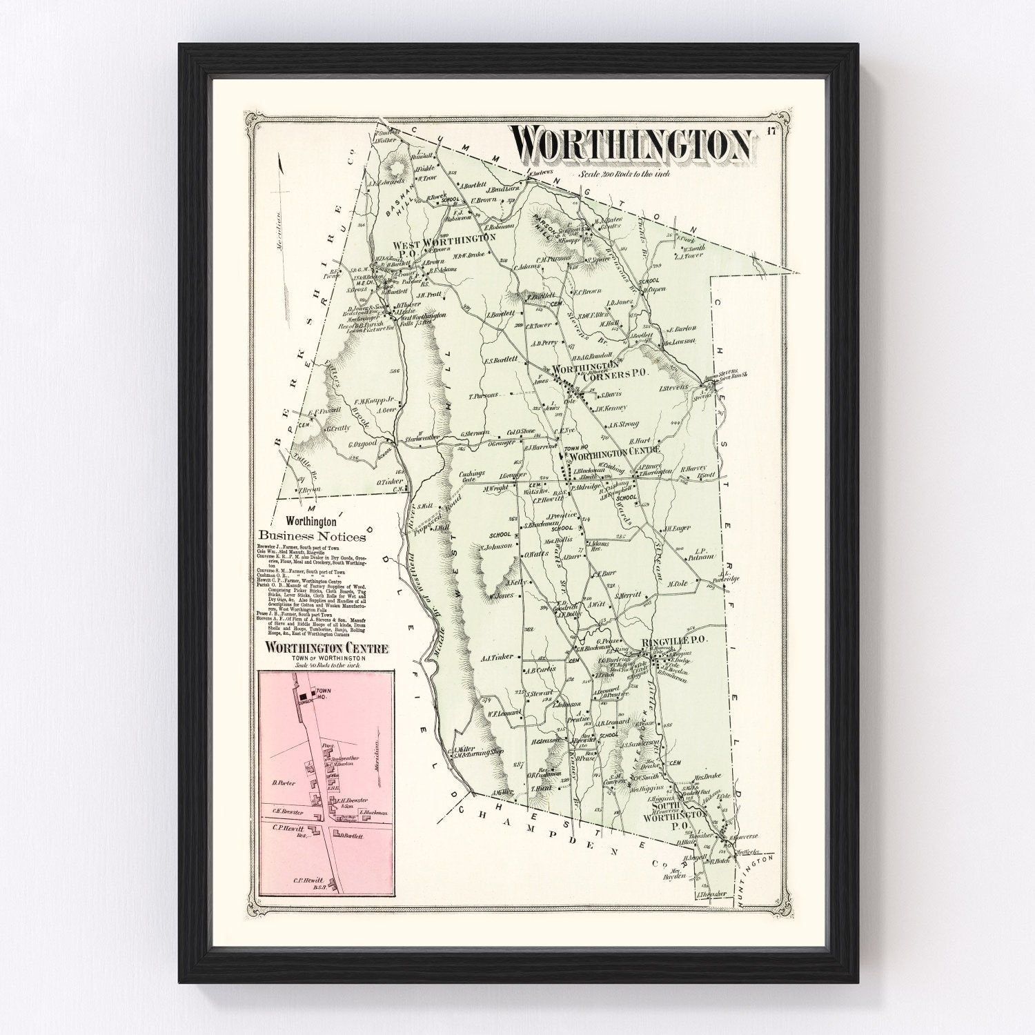 Vintage map of Worthington, Massachusetts, 1873, Hampshire County restored