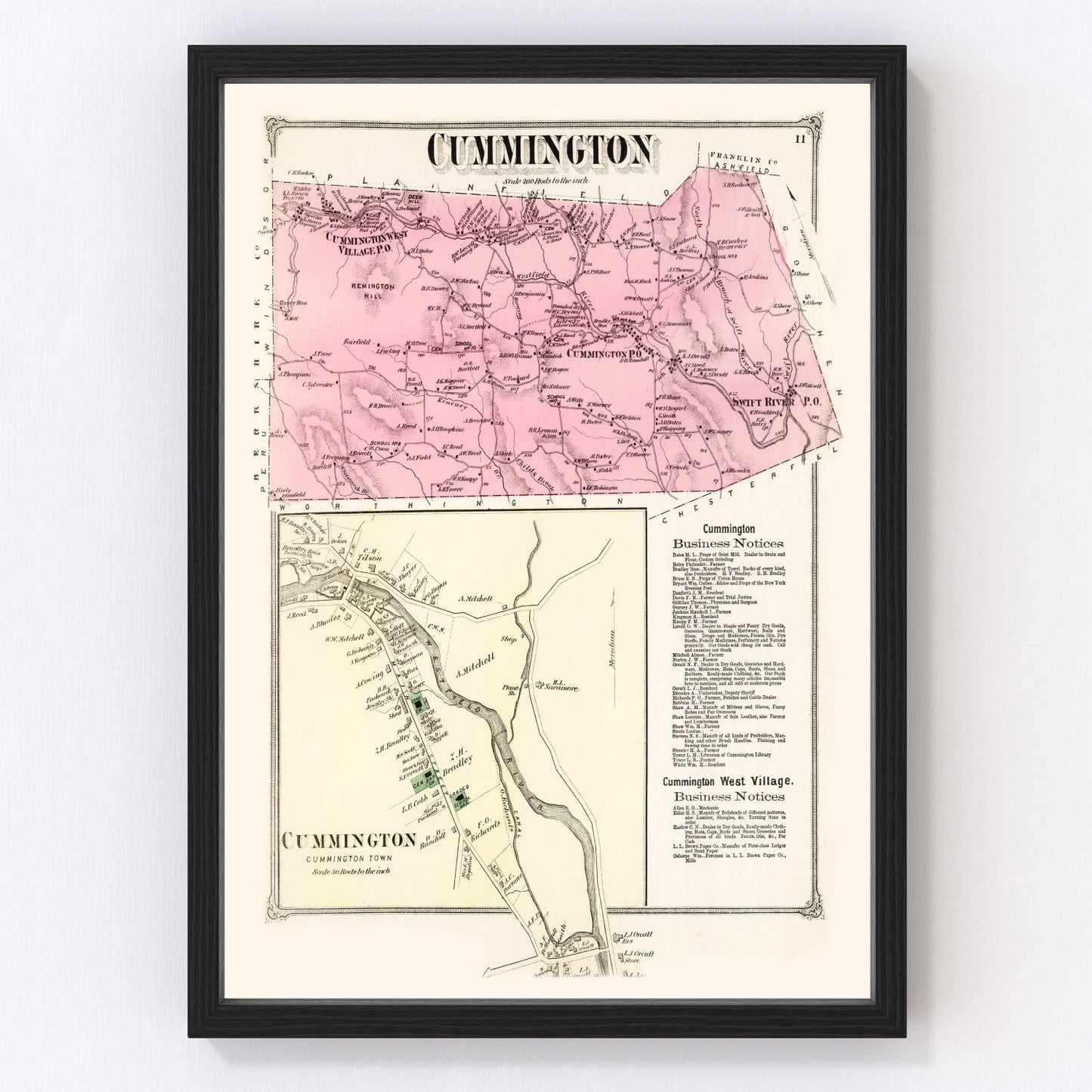 Vintage restored map of Cummington, Massachusetts, 1873, Hampshire County New England