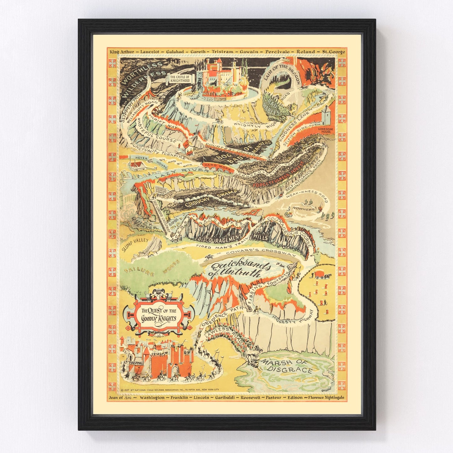 vintage map of the Quest of the Goodly Knights, 1927, fantasy pictorial map