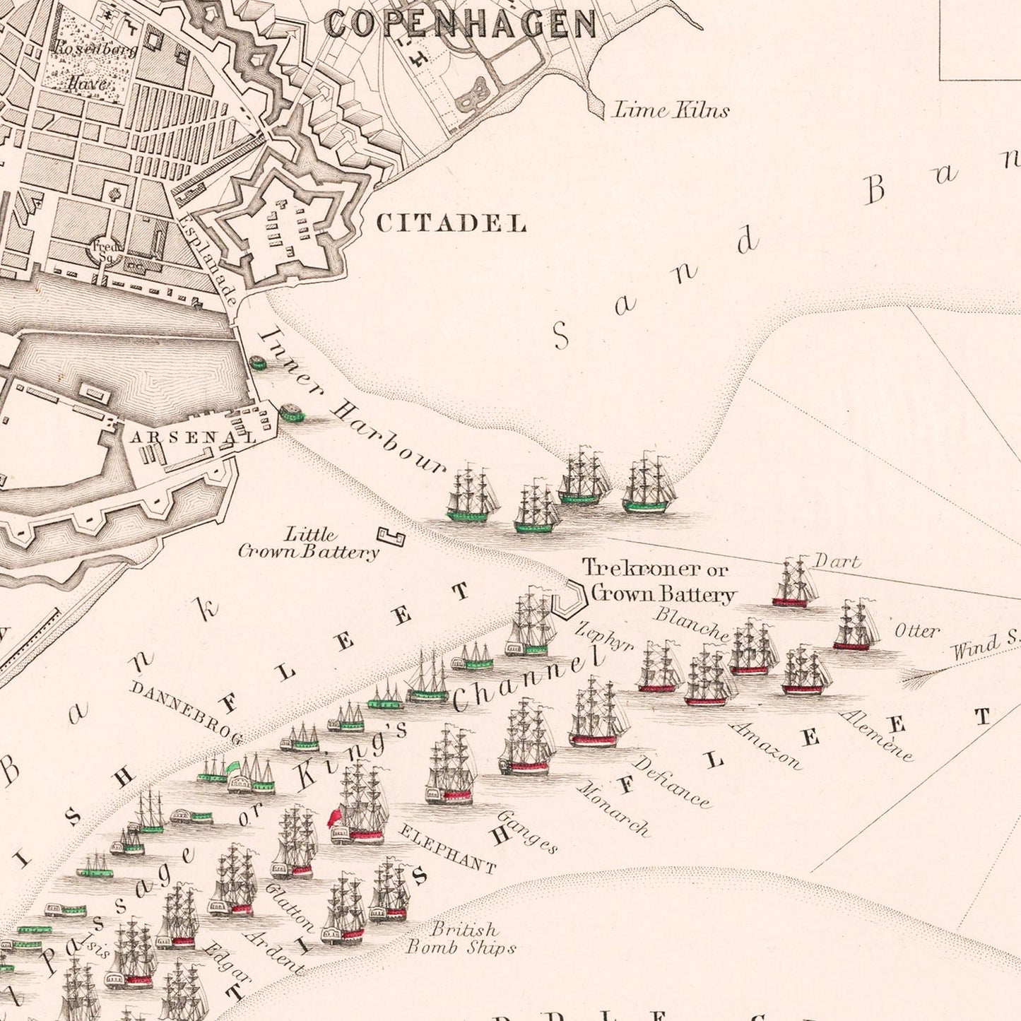 Vintage Map of the Battle of Copenhagen, 1801
