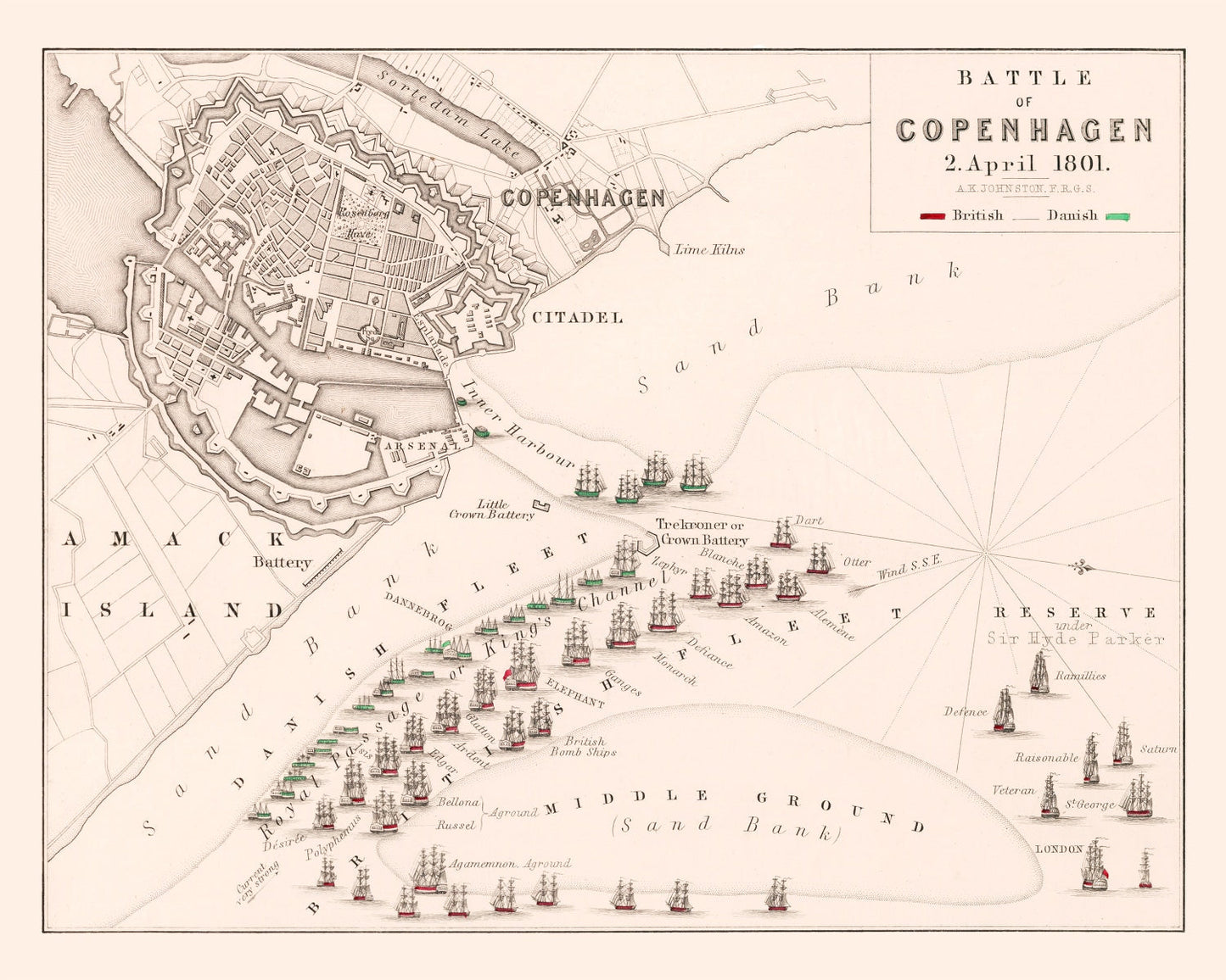 Vintage Map of the Battle of Copenhagen, 1801