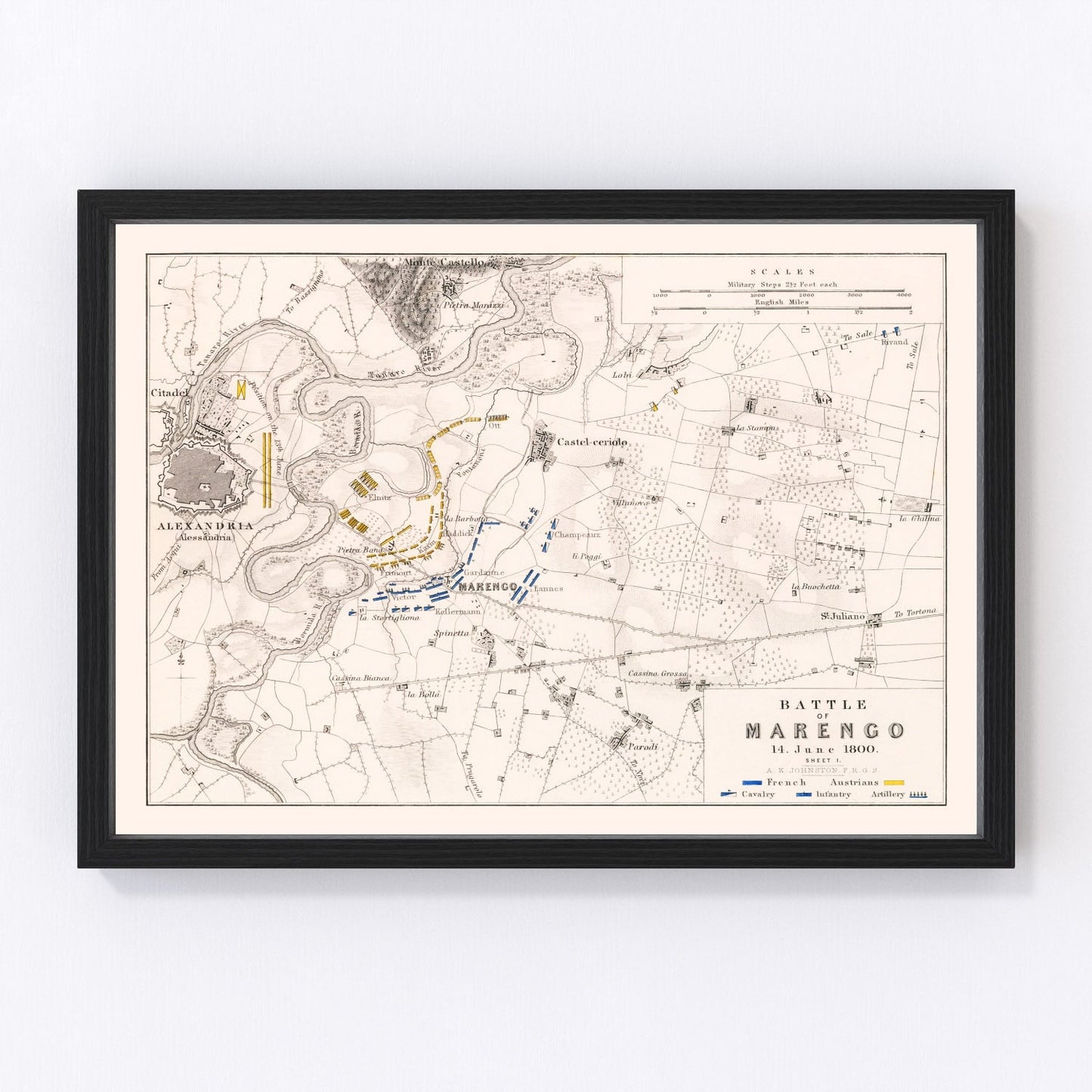 vintage map of the Battle of Marengo, Piedmont, Italy, 1800
