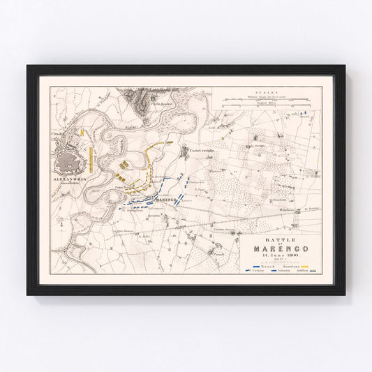 vintage map of the Battle of Marengo, Piedmont, Italy, 1800