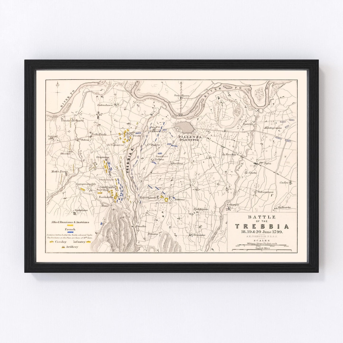 vintage map of the Battle of Trebbia, northern Italy, 1799