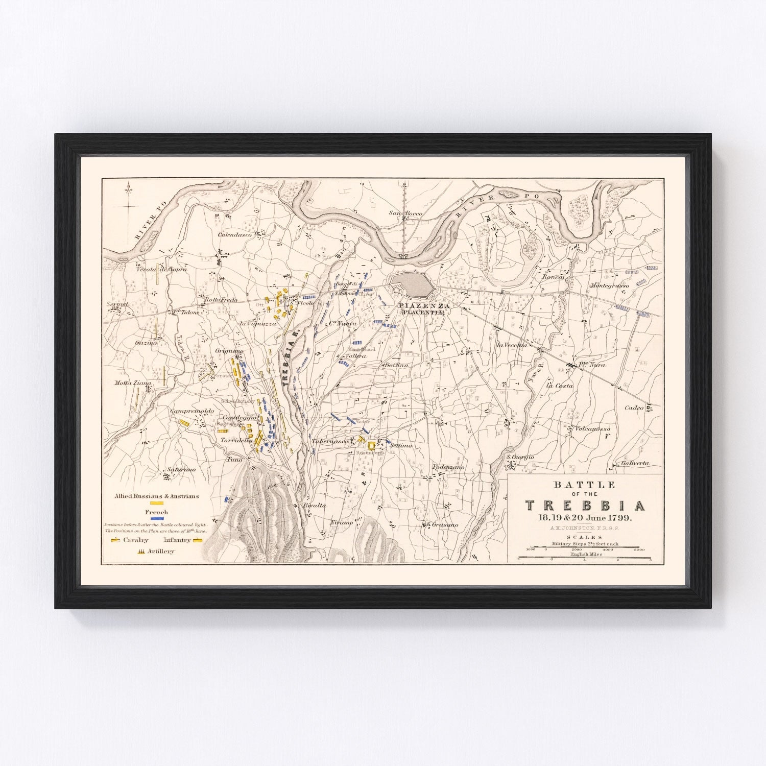vintage map of the Battle of Trebbia, northern Italy, 1799