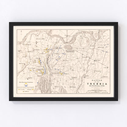 vintage map of the Battle of Trebbia, northern Italy, 1799