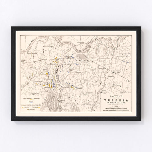 vintage map of the Battle of Trebbia, northern Italy, 1799