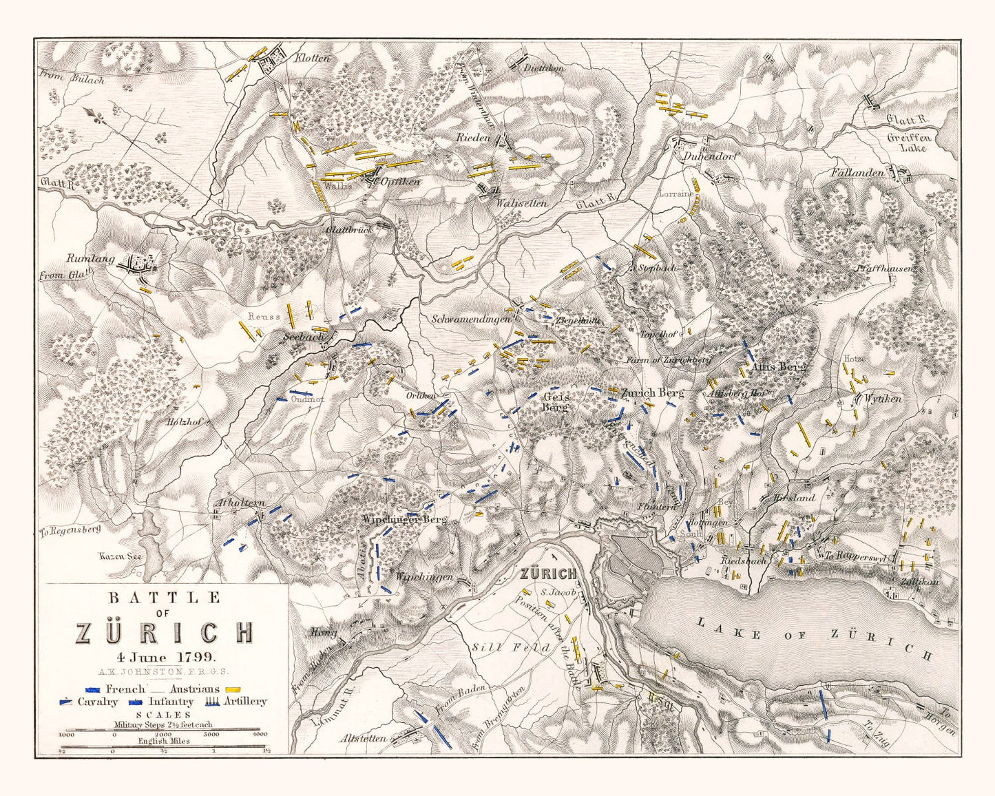 Vintage Map of the Battle of Zurich, 1799