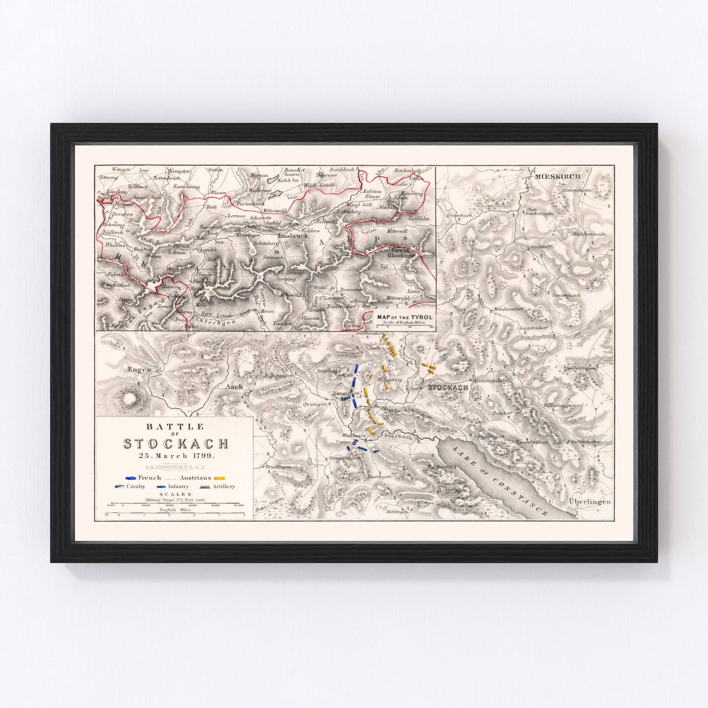 vintage map of the Battle of Stockach, southern Germany, 1799