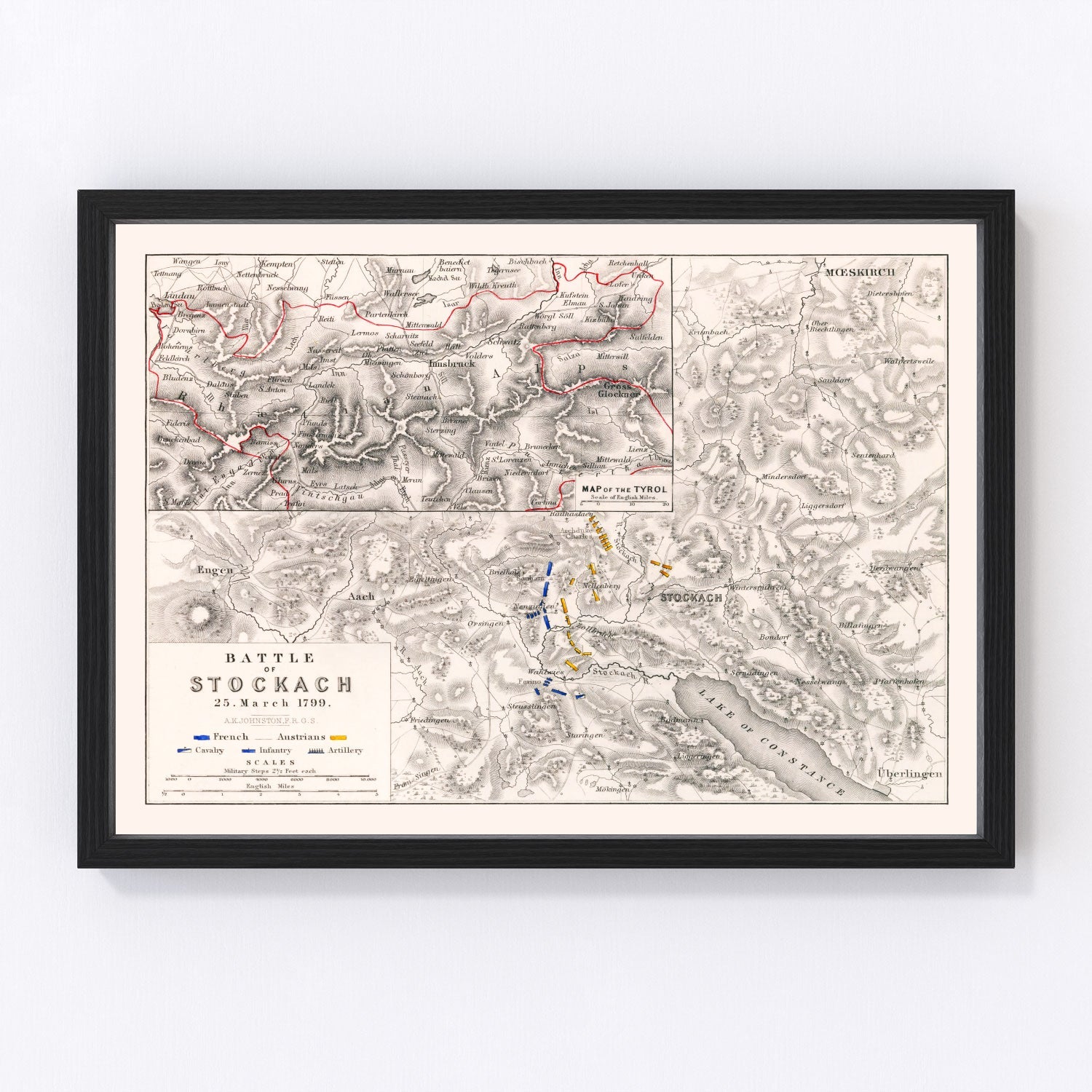 vintage map of the Battle of Stockach, southern Germany, 1799