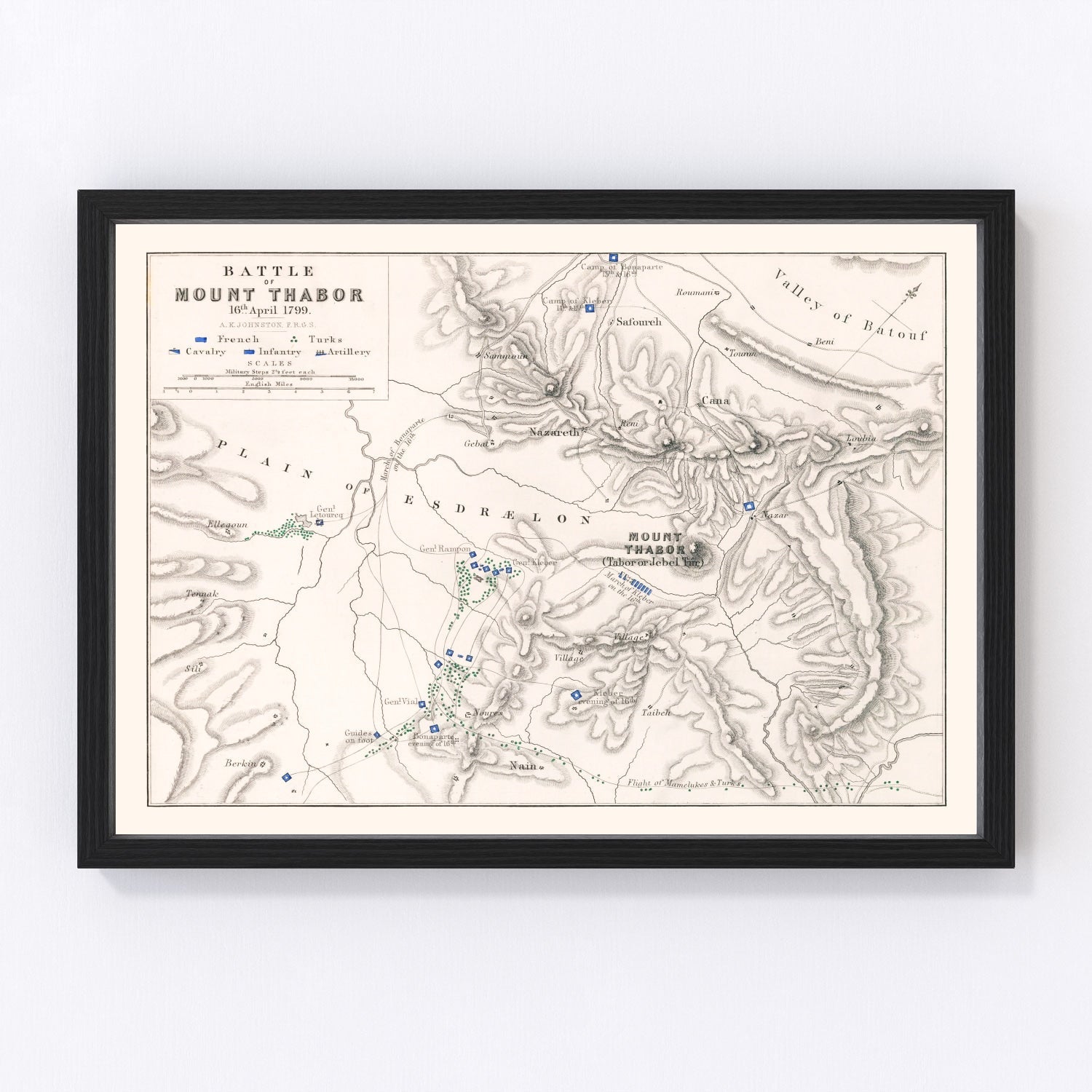 vintage map of the Battle of Mount Tabor, Jezreel Valley, Israel, 1799