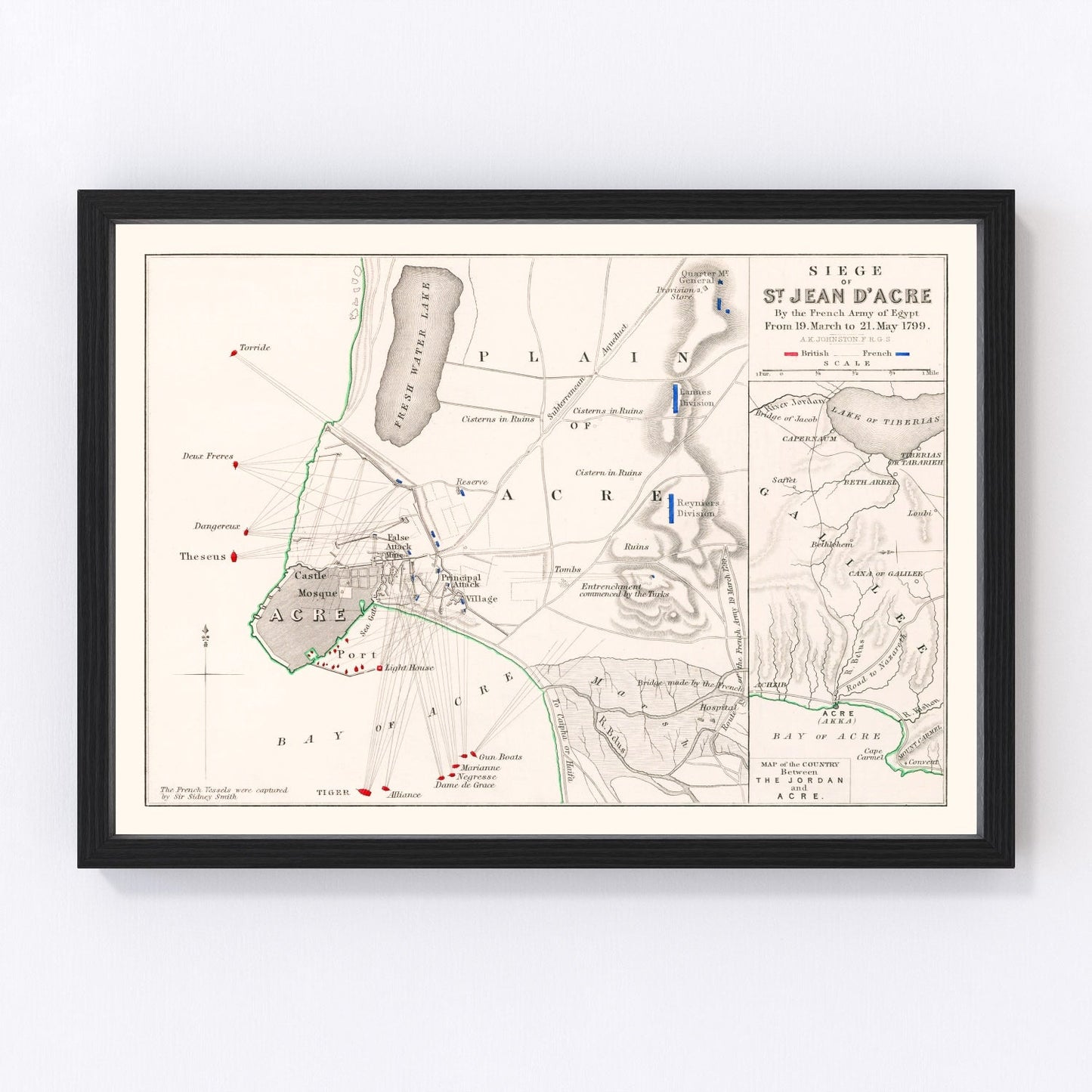 vintage map of the siege of St. Jean d'Acre, Mediterranean coast, 1799