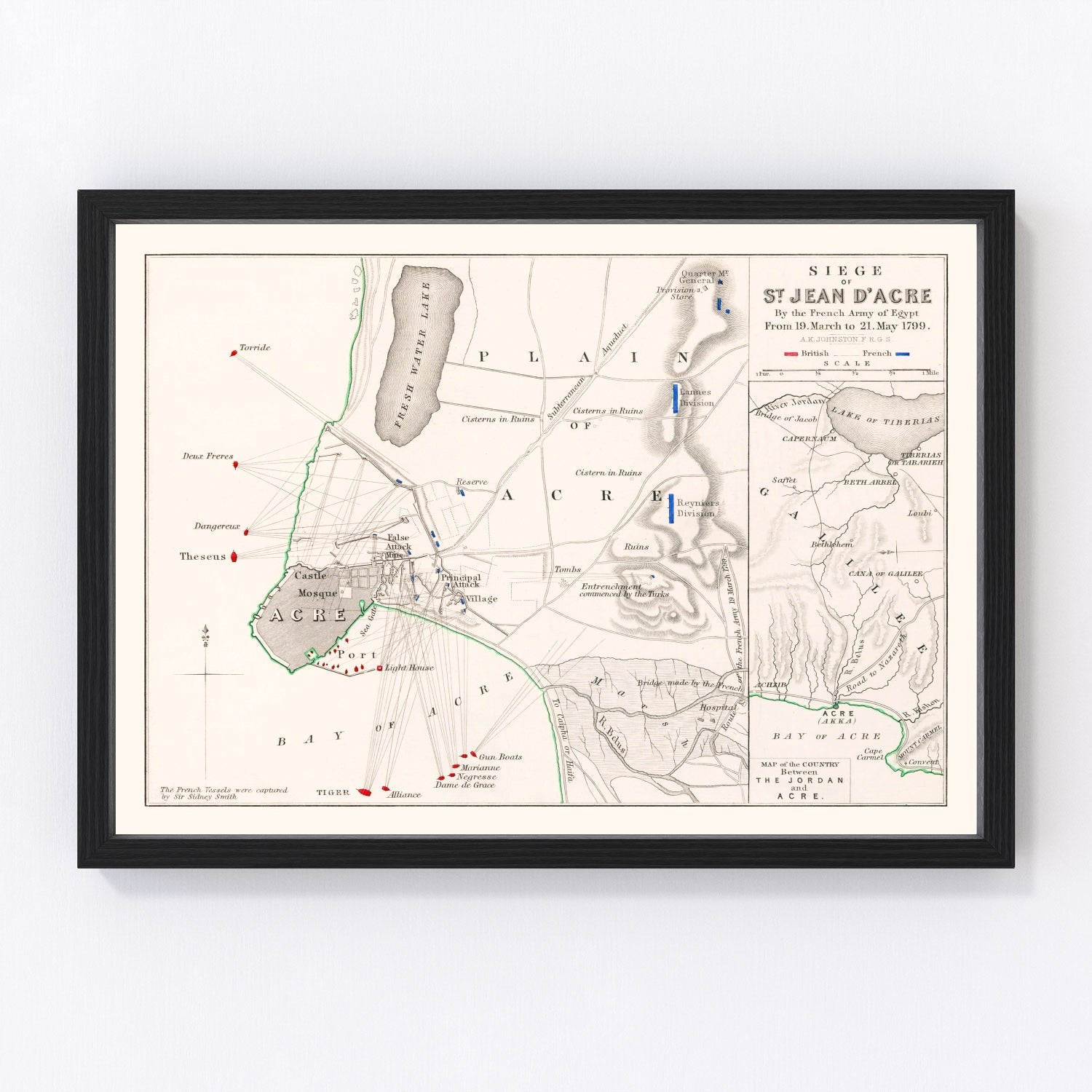 vintage map of the siege of St. Jean d'Acre, Mediterranean coast, 1799