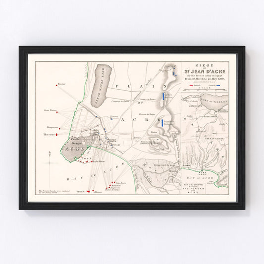 vintage map of the siege of St. Jean d'Acre, Mediterranean coast, 1799