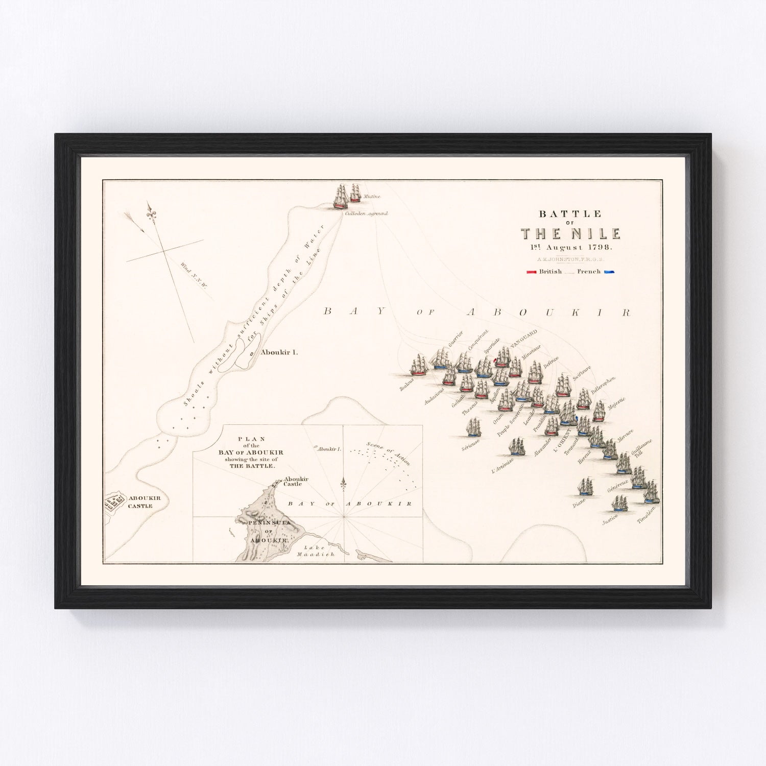 vintage map of the Battle of the Nile, Aboukir Bay, Egypt, 1798