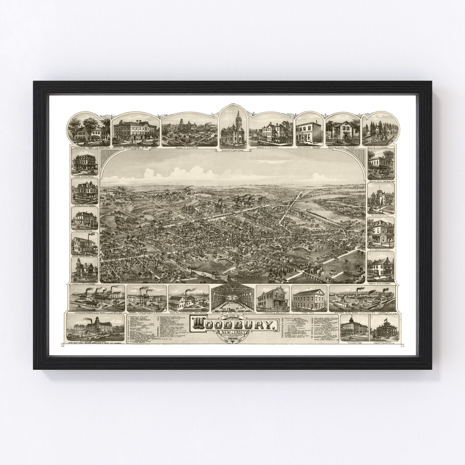 Vintage map of Woodbury, Gloucester County, New Jersey, 1886, restored wall art