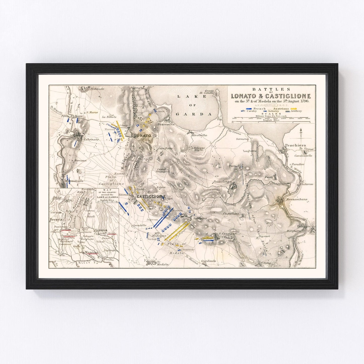 vintage map of the battles of Lonato and Castiglione, Italy, 1796